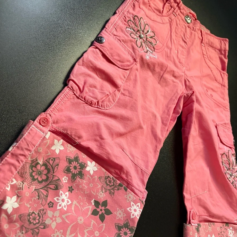 Y2K style Esprit Mini Girls Pink Cargo Pants‎ Floral Print Size 10 wide leg - Picture 3 of 7
